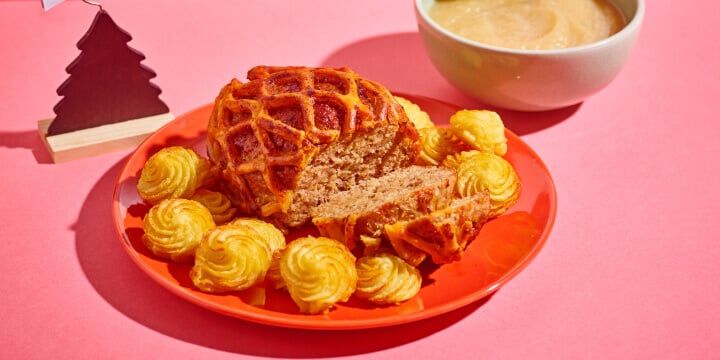 Vleesbrood, pommes duchesse en appelmoes